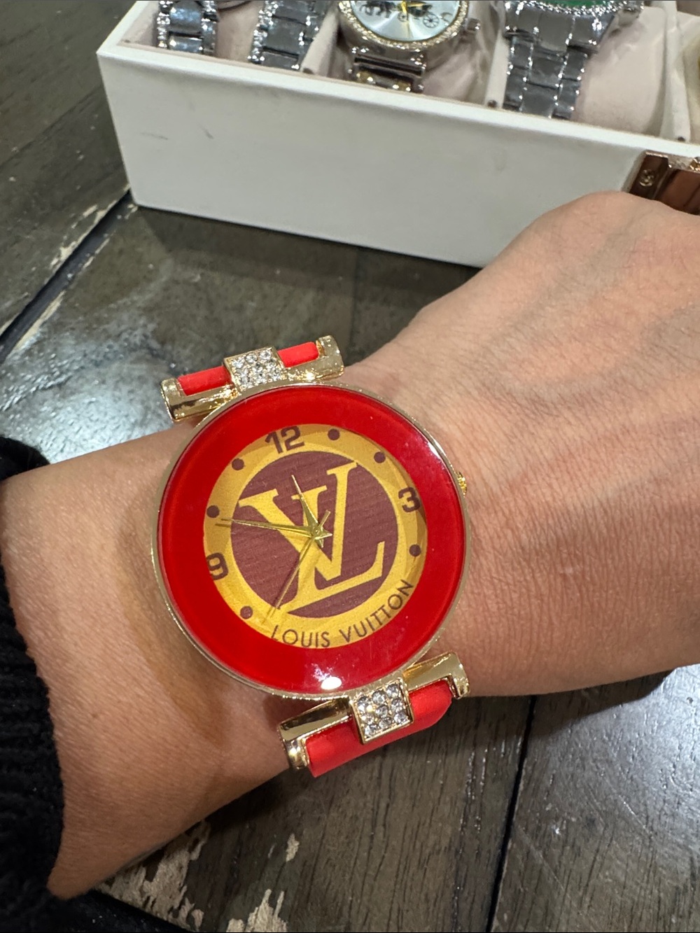 Fashion Vuitton Red and Gold Logo Women’s Watch with Crystal Accents